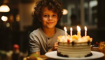 ai generato sorridente bambino detiene compleanno torta, circondato di candele generato di ai foto