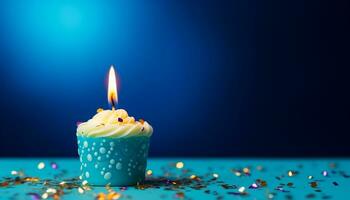 ai generato compleanno celebrazione con candela, coriandoli, e compleanno torta generato di ai foto