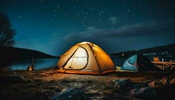 ai generato campeggio sotto il stelle, un' tranquillo inverno avventura generato di ai foto