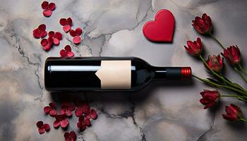 ai generato romanza e amore nel un' cuore sagomato vino bottiglia generato di ai foto