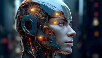 ai generato futuristico robot cyborg, illuminato viso, moderno macchinari generato di ai foto