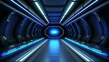 ai generato futuristico blu corridoio, moderno disegno, di fuga punto generato di ai foto