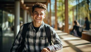 ai generato sorridente giovane uomo guardare a telecamera all'aperto generato di ai foto