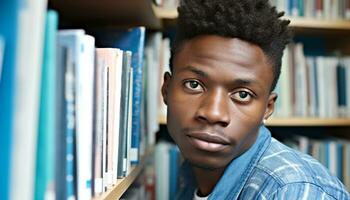 ai generato giovane adulto africano alunno studiando nel biblioteca generato di ai foto