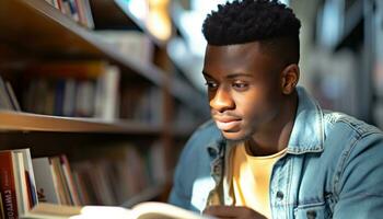 ai generato sorridente africano ragazzo studiando nel biblioteca con libro generato di ai foto