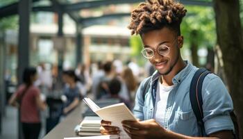 ai generato sorridente africano alunno studiando all'aperto, felicità nel formazione scolastica generato di ai foto