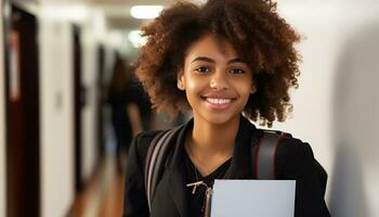 ai generato sorridente africano donna studiando in casa con fiducia generato di ai foto