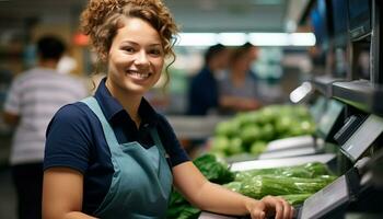 ai generato sorridente femmine nel supermercato, acquisto fresco drogheria generato di ai foto