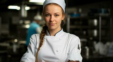 ai generato sorridente capocuoco nel uniforme cucinando nel commerciale cucina generato di ai foto