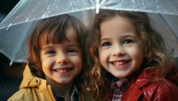 ai generato sorridente bambino con ombrello gode giocoso autunno pioggia generato di ai foto