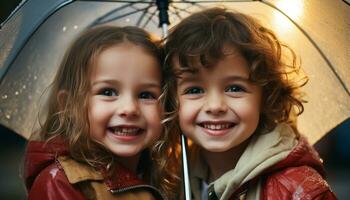 ai generato sorridente bambini giocando nel il piovere, godendo natura generato di ai foto