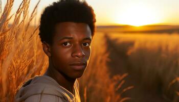 ai generato giovane africano uomo sorridente a telecamera nel tramonto generato di ai foto