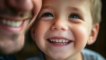 ai generato sorridente bambino porta felicità per allegro famiglia generato di ai foto