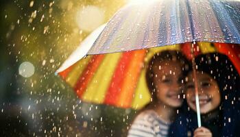 ai generato sorridente donne godere piovere, natura, e solidarieta generato di ai foto