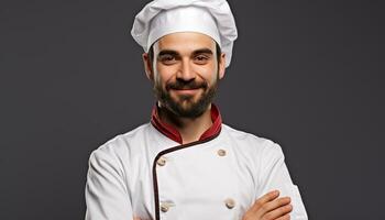 ai generato sorridente capocuoco nel uniforme, cucinando con competenza generato di ai foto