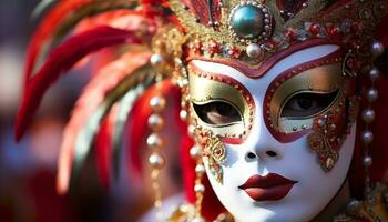 ai generato mascherato eleganza, oro costume, carnevale celebrazione, veneziano tradizione generato di ai foto