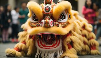 ai generato Cinese cultura celebra con colorato Drago costumi generato di ai foto