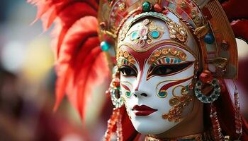 ai generato colorato tradizionale capi di abbigliamento e maschera vetrina culturale eleganza generato di ai foto