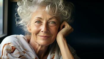ai generato sorridente anziano donna con grigio capelli guardare soddisfare generato di ai foto