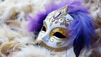 ai generato piumato maschera nasconde eleganza a mardi gras celebrazione generato di ai foto