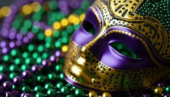 ai generato brillante, Multi colorato costume maschere illuminare mardi gras parata generato di ai foto