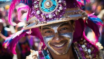 ai generato sorridente donne nel tradizionale carnevale costumi danza con gioia generato di ai foto