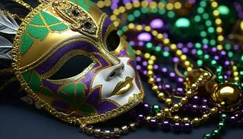 ai generato mardi gras celebrazione, maschera, costume, oro, tradizione, mistero generato di ai foto