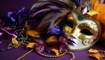 ai generato mardi gras celebrazione, costume, maschera, eleganza, oro, viola generato di ai foto