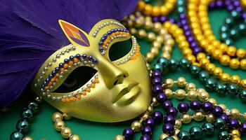 ai generato mascherato celebrazione, mardi gras eleganza nel oro generato di ai foto