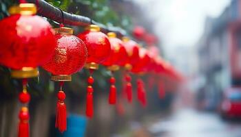 ai generato Cinese lanterne sospeso nel il notte, simboleggiante fortuna generato di ai foto