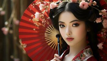 ai generato bellissimo giovane geisha donna nel tradizionale giapponese capi di abbigliamento generato di ai foto