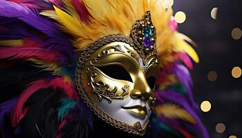 ai generato piumato maschera, costume, eleganza, oro, celebrazione, mistero generato di ai foto