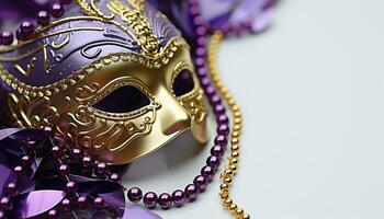 ai generato mardi gras celebrazione, costume, maschera, decorazione, oro, viola generato di ai foto