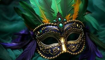 ai generato piumato maschera travestimenti eleganza a mardi gras parata generato di ai foto