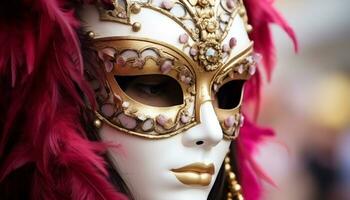 ai generato piumato maschera porta eleganza per mardi gras celebrazione generato di ai foto