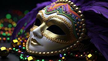 ai generato mascherato celebrazione, vivace colori, ornato costume, brillante oro generato di ai foto
