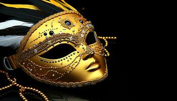 ai generato ornato maschera, oro costume, eleganza nel teatrale prestazione generato di ai foto