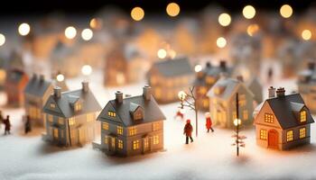 ai generato neve coperto paesaggio urbano illuminato di Natale luci a notte generato di ai foto