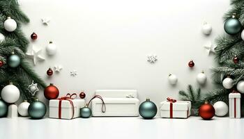 ai generato Natale albero decorazione con brillante ornamenti e neve generato di ai foto