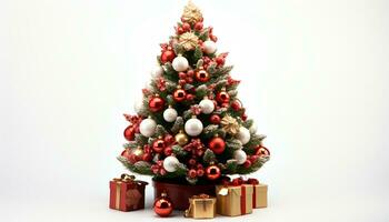 ai generato Natale albero decorazione su bianca sfondo, regalo scatola generato di ai foto