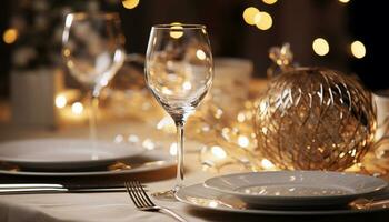 ai generato lusso cenare tavolo ornato con elegante decorazioni generato di ai foto