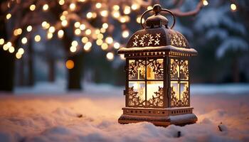 ai generato inverno notte, lanterne incandescenza, i fiocchi di neve autunno, celebrazione inizia generato di ai foto