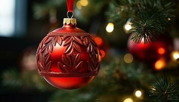ai generato brillante Natale albero ornamento raggiante nel il buio generato di ai foto