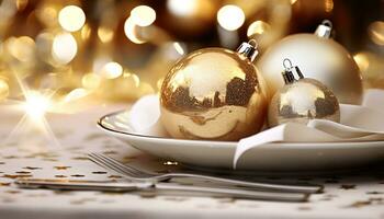 ai generato brillante oro Natale ornamento raggiante su tavolo generato di ai foto