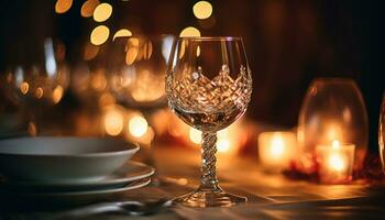 ai generato lusso bicchiere di vino illuminato di lume di candela su buio tavolo generato di ai foto