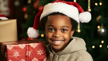 ai generato sorridente bambino Tenere regalo, festeggiare Natale con gioia generato di ai foto