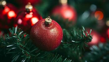 ai generato brillante Natale ornamento su decorato abete albero ramo generato di ai foto