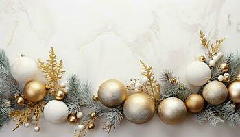 ai generato Natale ornamento su albero, oro sfera, fiocco di neve generato di ai foto