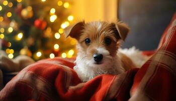 ai generato carino cucciolo seduta di Natale albero, guardare adorabile generato di ai foto