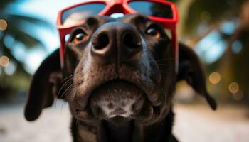 ai generato carino cucciolo indossare occhiali da sole, guardare a telecamera generato di ai foto